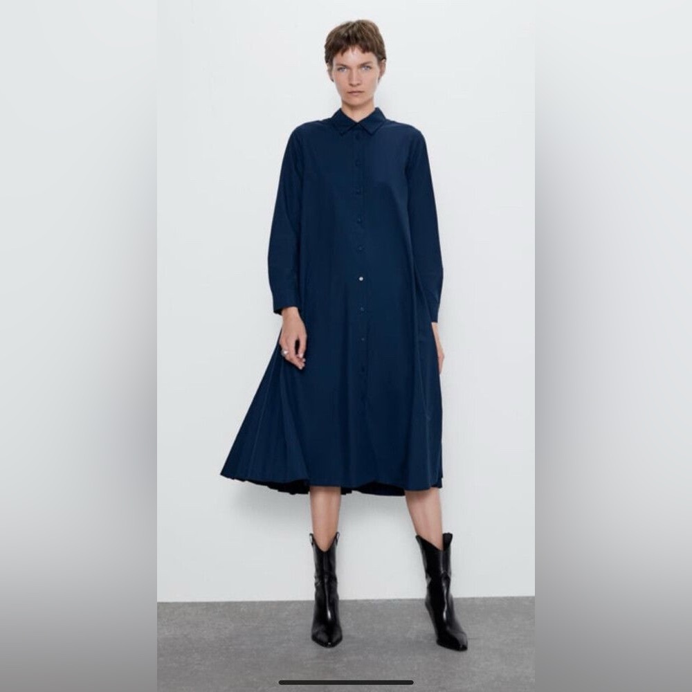 ZARA Pleated Back Midi Shirt Dress with Button Front in Navy Blue Size S
